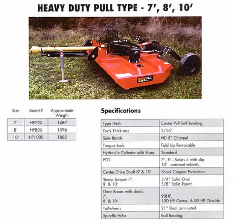 O'Bryan's Farm Equipment Tennessee River Implements 10' Pull Type Dual Spindle Cutter HP1000 Specifications