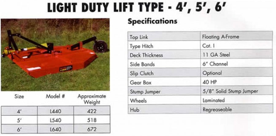 O'Bryan's Farm Equipment Tennessee River Implements 4' Standard Duty Cutter L440 Specifications